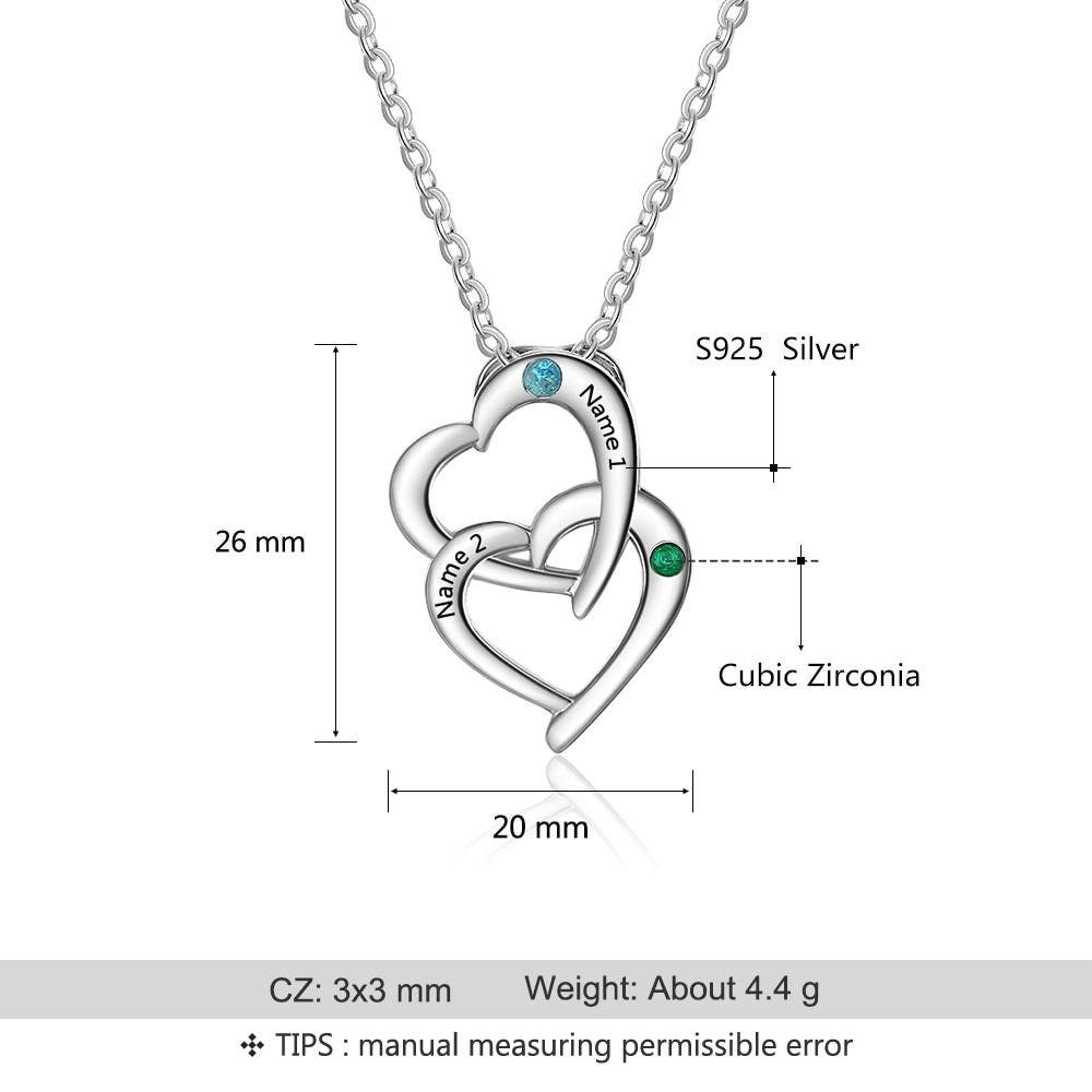 Personalized Sterling Silver Interlocking Heart Necklace with 2 Birthstones Custom Engraved Name Silver Pendants for Women Necklaces