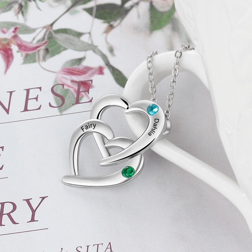 Personalized Sterling Silver Interlocking Heart Necklace with 2 Birthstones Custom Engraved Name Silver Pendants for Women Necklaces