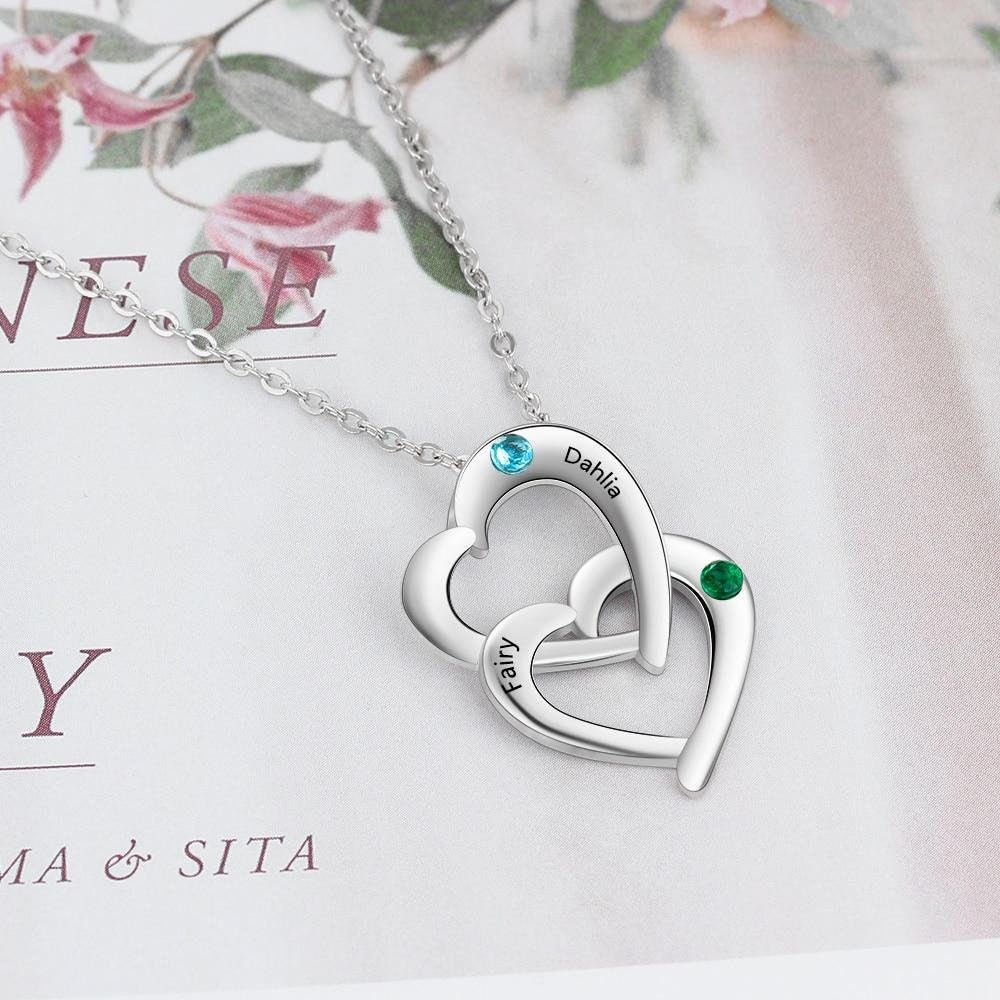 Personalized Sterling Silver Interlocking Heart Necklace with 2 Birthstones Custom Engraved Name Silver Pendants for Women Necklaces