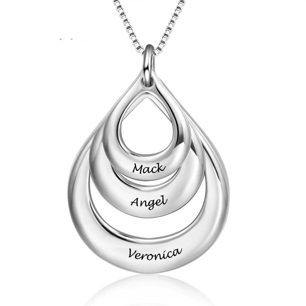 Personalized Engraving 3 Names Layered Water Drop Pendant Necklace Custom Engraved Necklaces Gift for Family Necklace silver 925 Sterling