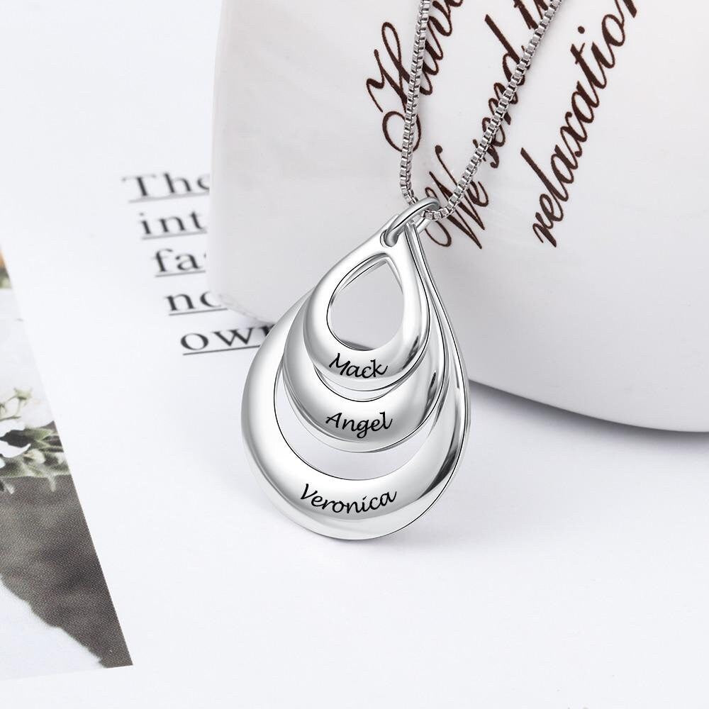 Personalized Engraving 3 Names Layered Water Drop Pendant Necklace Custom Engraved Necklaces Gift for Family Necklace silver 925 Sterling