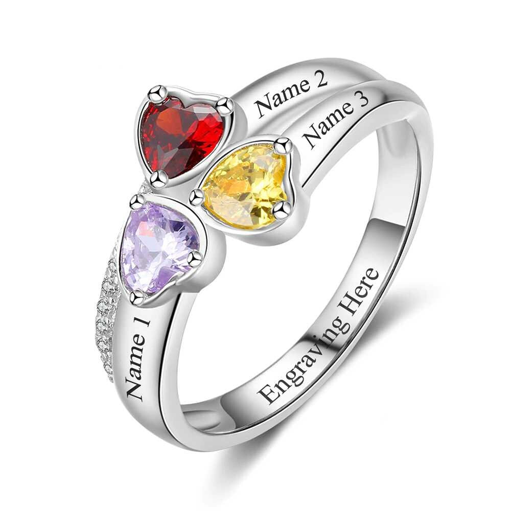 Personalized Sterling Silver Heart Birthstone Ring Customized Engrave 3 Name Ring Anniversary Mothers Jewelry Gift for Mom Ring Jewelry