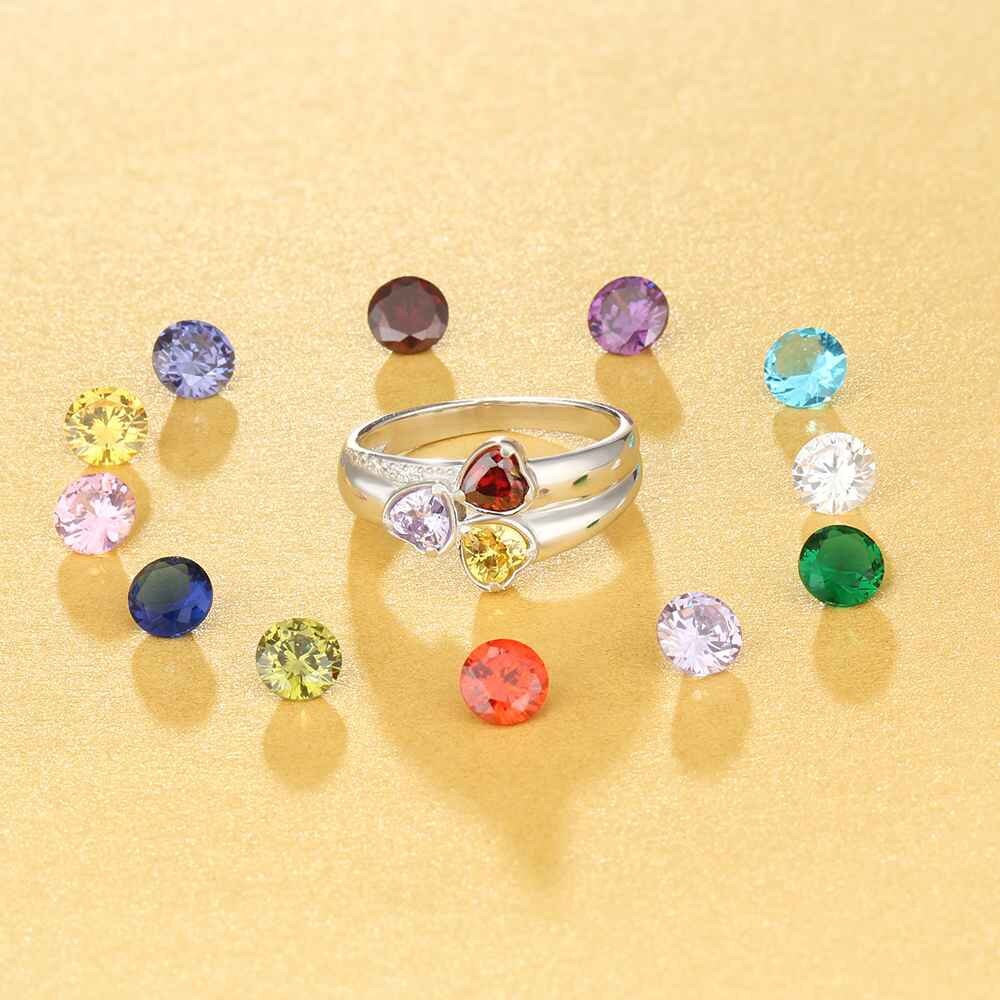 Personalized Sterling Silver Heart Birthstone Ring Customized Engrave 3 Name Ring Anniversary Mothers Jewelry Gift for Mom Ring Jewelry