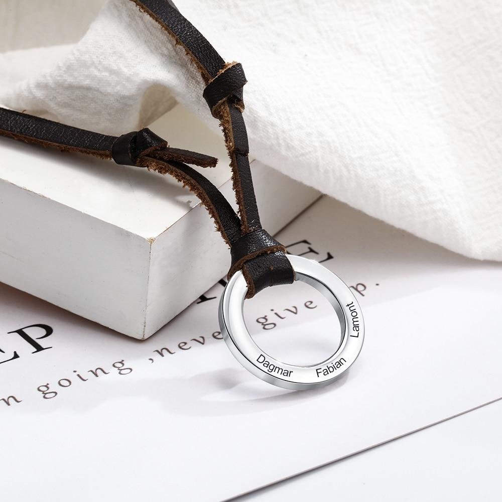 Unisex Personalized Leather Chain Necklace Custom 3 Names Circle Pendant Necklace Gifts for Family Customized Gift for him Men Husband Dad
