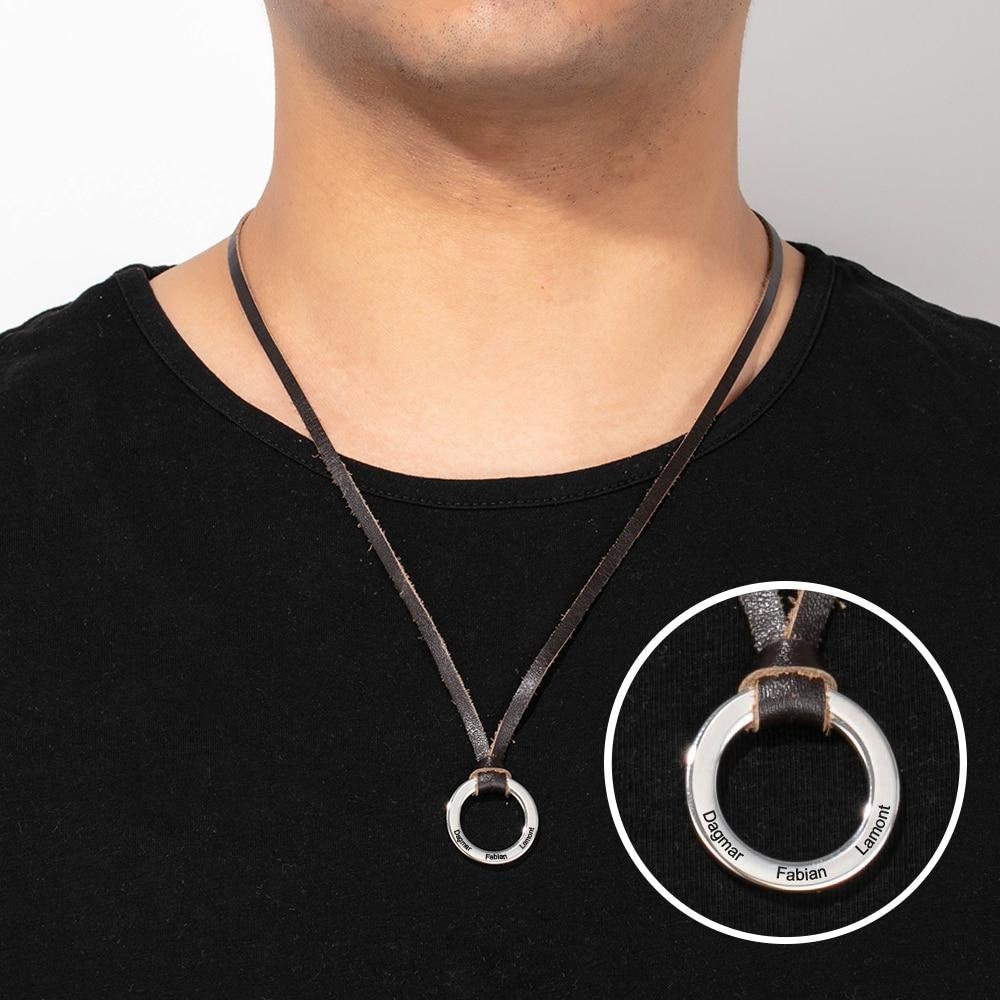 Unisex Personalized Leather Chain Necklace Custom 3 Names Circle Pendant Necklace Gifts for Family Customized Gift for him Men Husband Dad