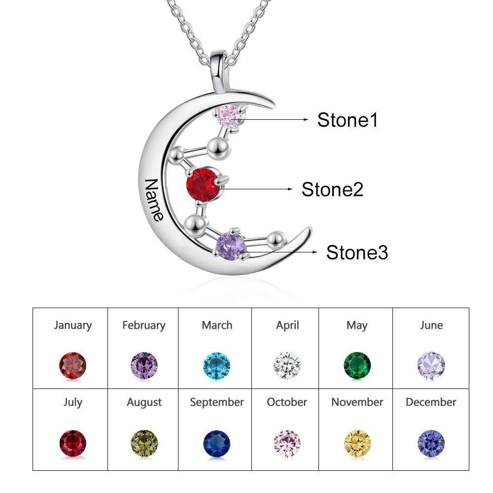 Personalized Necklace Constellation Moon Pendant for Women Customized 3 Birthstones Silver Color Jewelry Christmas Gift Customized Necklaces