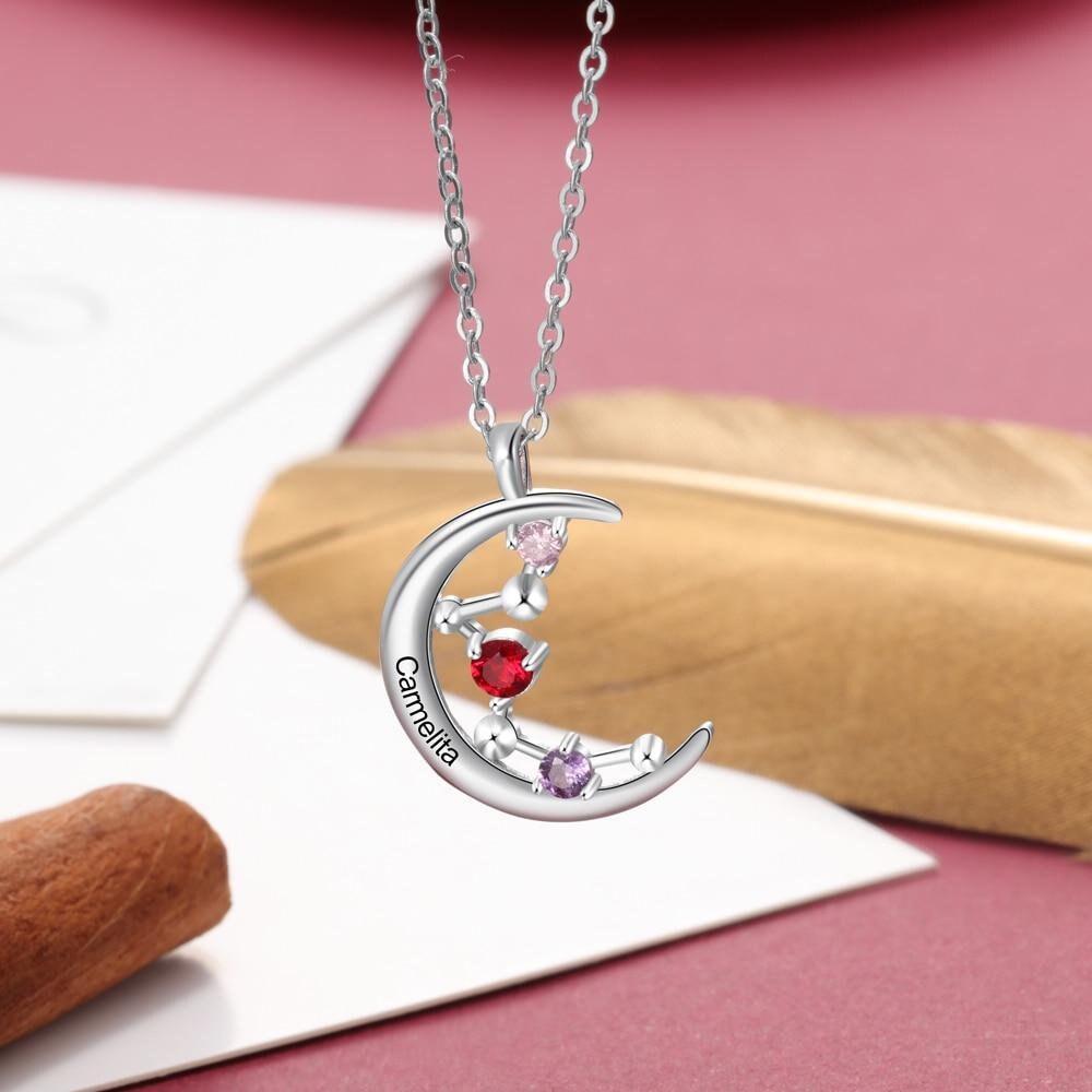 Personalized Necklace Constellation Moon Pendant for Women Customized 3 Birthstones Silver Color Jewelry Christmas Gift Customized Necklaces