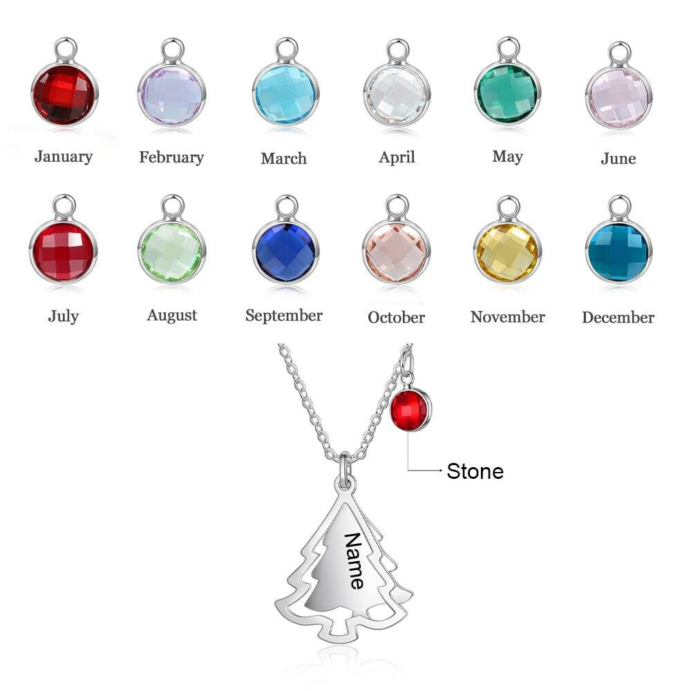 Personalized Christmas Tree Pendants for Women Custom DIY Birthstone Name Engraved Necklace New Year Gifts Customized Necklaces