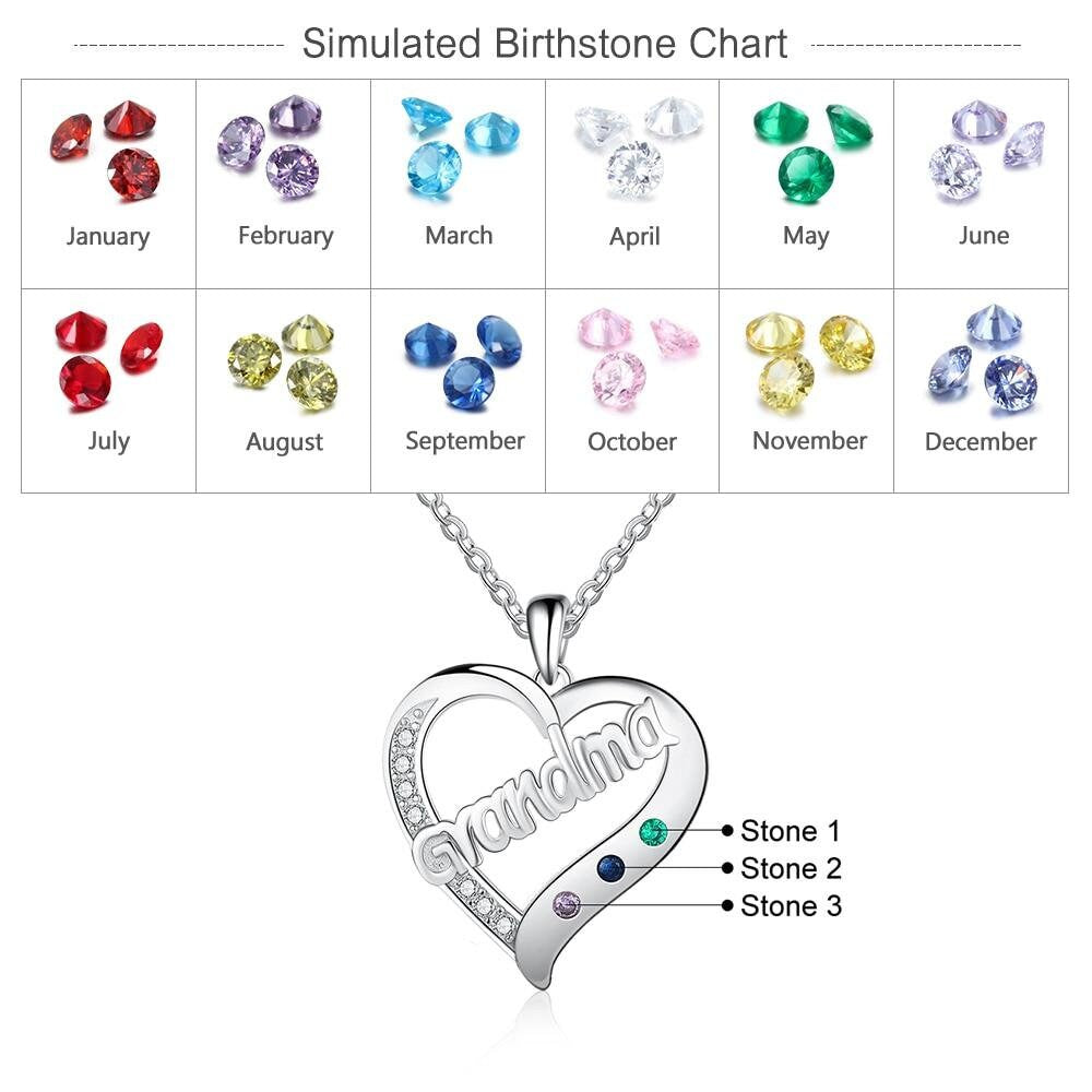 Personalized Custom Birthstone Grandma Heart Pendant Silver Necklace Family Jewelry Birthday Gifts for Grandma Customized Necklaces