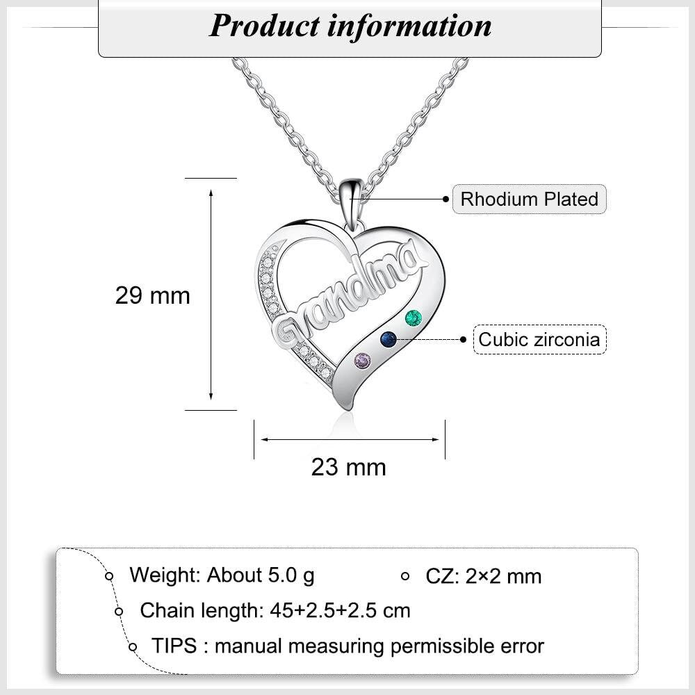Personalized Custom Birthstone Grandma Heart Pendant Silver Necklace Family Jewelry Birthday Gifts for Grandma Customized Necklaces