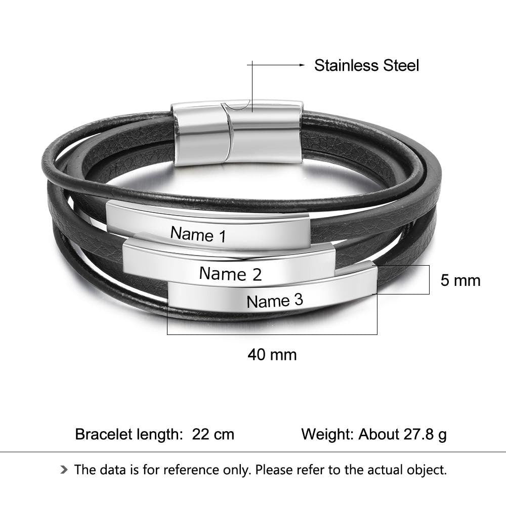 Personalized Free Engraving Name Bar Bracelets for Men Stainless Steel Multilayer Leather Bracelet Men Jewelry Gifts Customized Bracelets