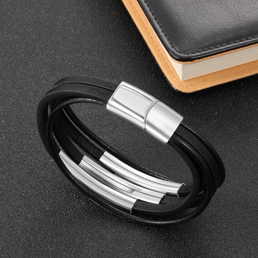 Personalized Free Engraving Name Bar Bracelets for Men Stainless Steel Multilayer Leather Bracelet Men Jewelry Gifts Customized Bracelets