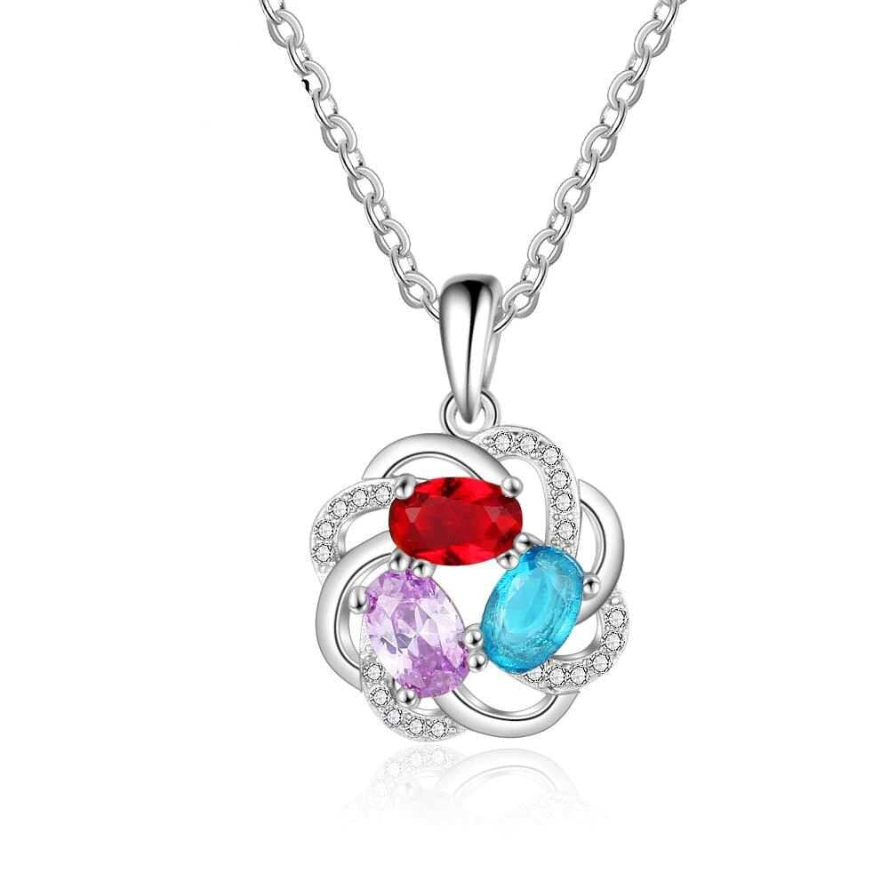Personalized 3 Oval Birthstones Necklaces for Women Flower Pendant with Cubic Zirconia Custom Jewelry Gift Customized Necklaces