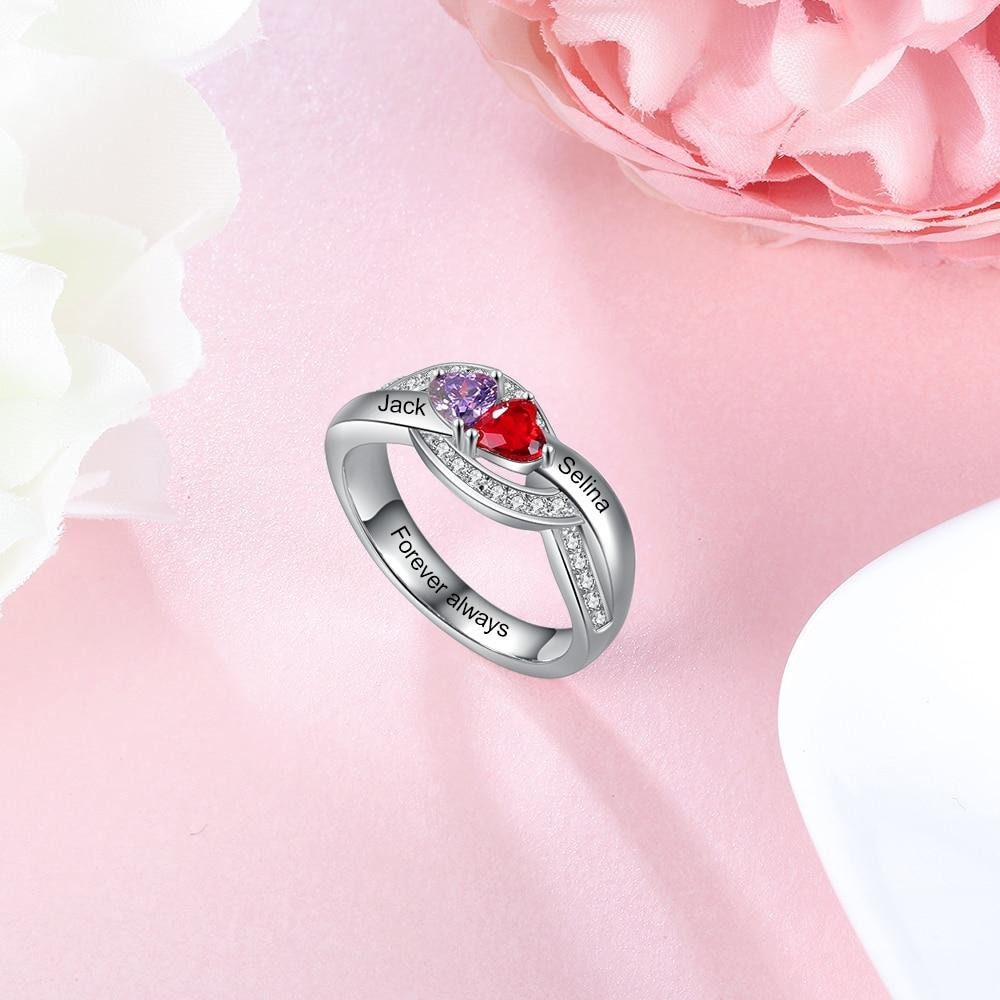 Personalized Engraving Rings for Women Custom 2 Birthstones Sterling Silver Promise Engagement Ring Gifts for Her Rings