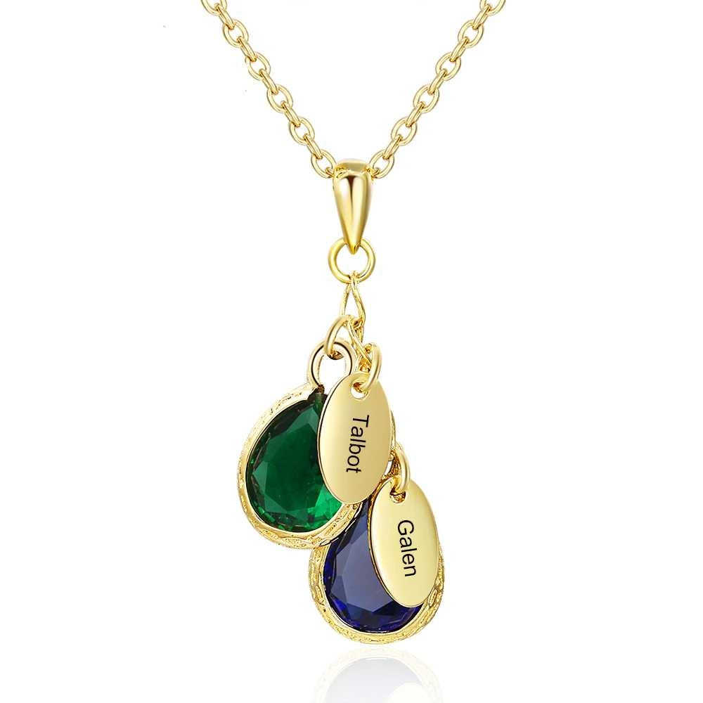 Personalized Name Necklace with 2 Birthstones Water Drop Customized Necklace Anniversary Jewelry Customized Necklaces