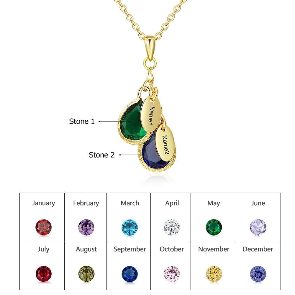 Personalized Name Necklace with 2 Birthstones Water Drop Customized Necklace Anniversary Jewelry Customized Necklaces