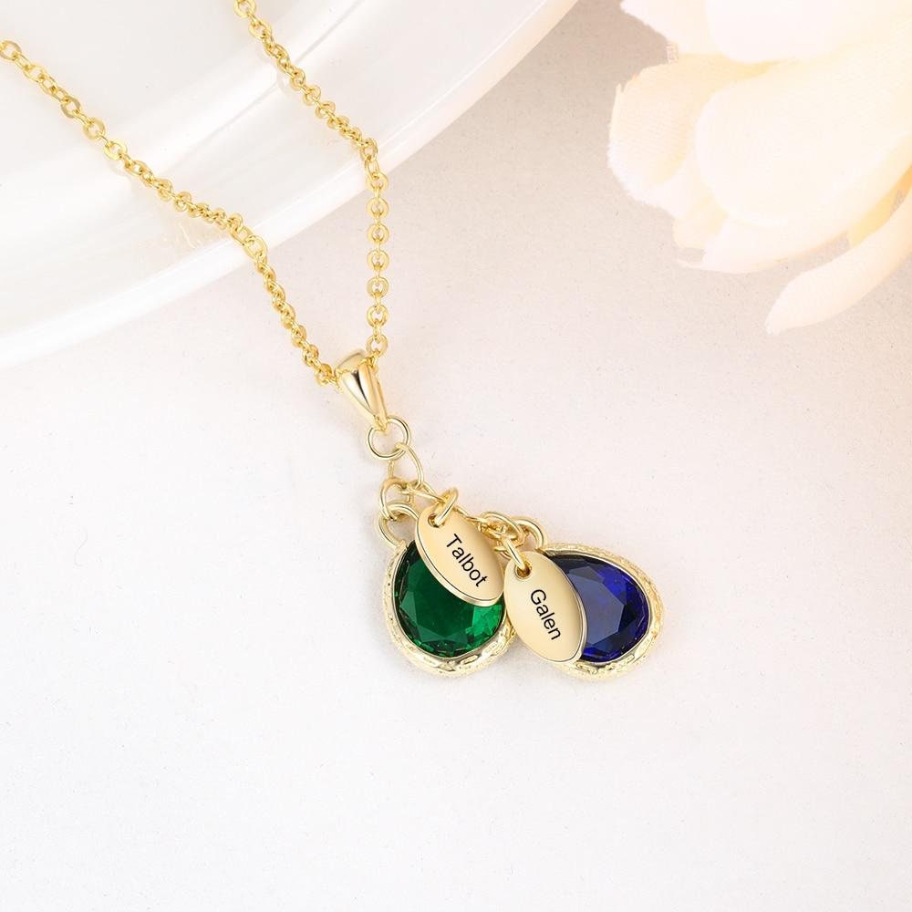 Personalized Name Necklace with 2 Birthstones Water Drop Customized Necklace Anniversary Jewelry Customized Necklaces
