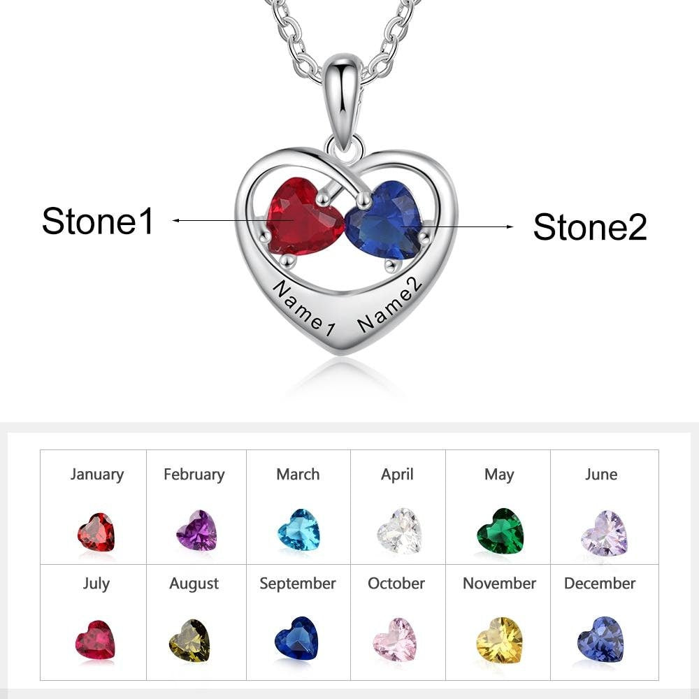 Romantic Customized Heart Necklace with 2 Birthstones Personalized Engraving Name Silver Color Jewelry Gifts Customized Necklaces