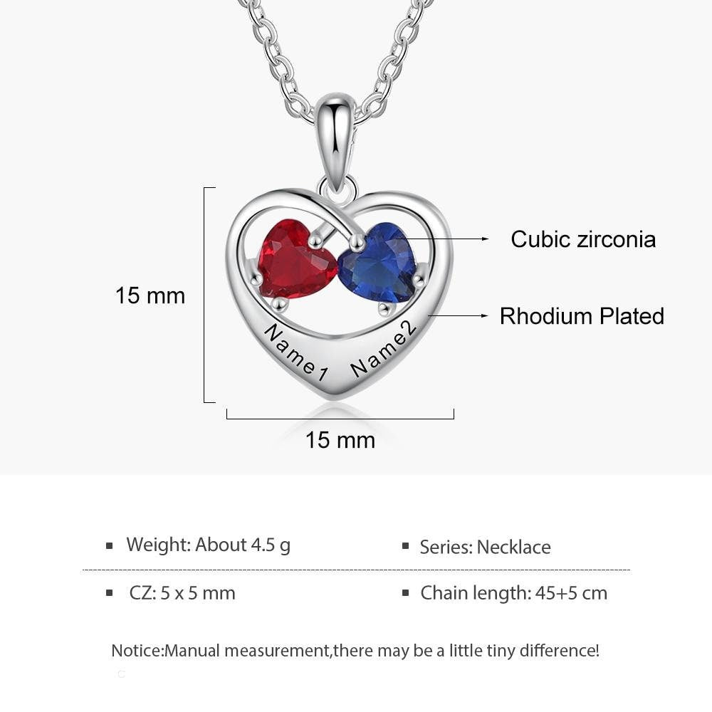 Romantic Customized Heart Necklace with 2 Birthstones Personalized Engraving Name Silver Color Jewelry Gifts Customized Necklaces