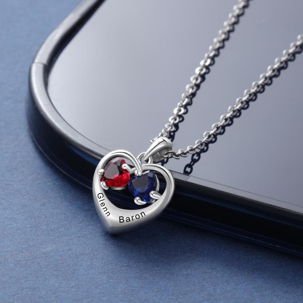 Romantic Customized Heart Necklace with 2 Birthstones Personalized Engraving Name Silver Color Jewelry Gifts Customized Necklaces
