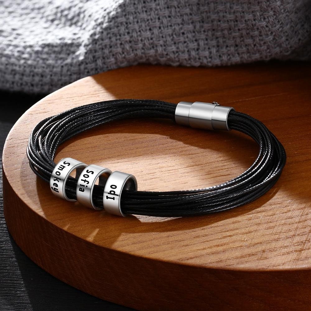 Personalized Men Leather Bracelet with Name Beads Customized Charm Bracelets & Bangles Gift for Family Male Jewelry Customized Bracelets