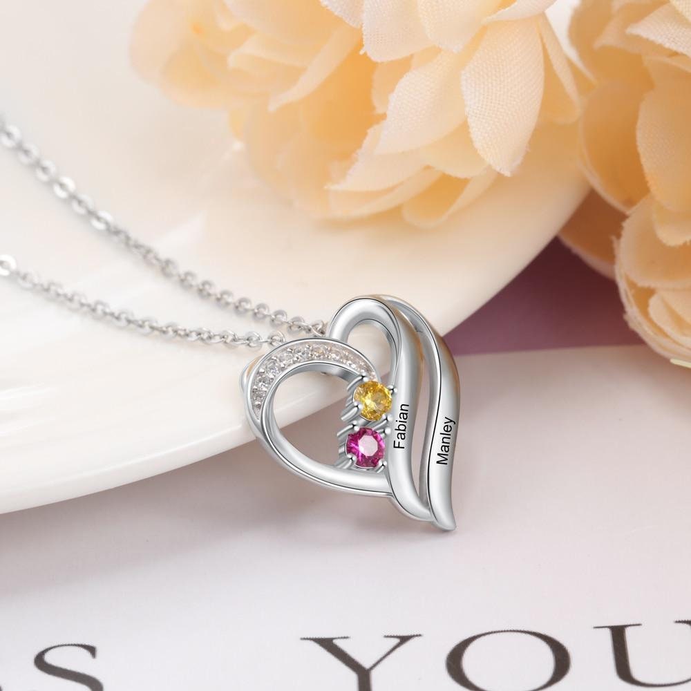 Personalized Engraving Name Heart Pendant Sterling Silver Customized Mothers Necklace with 2 Birthstones Fine Gifts Necklaces