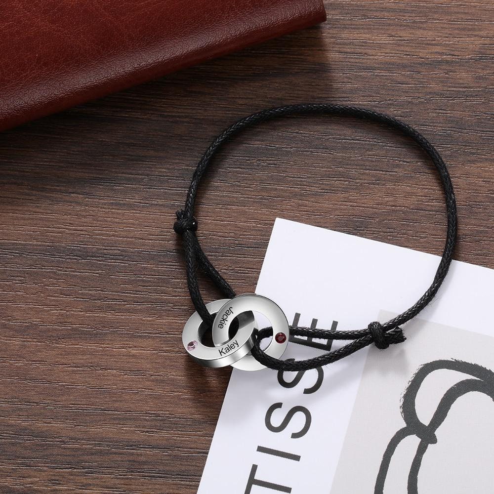 Personalized Engrave 2 Names Bracelets for Men Custom Birthstone Stainless Steel Interlocked Circle Bracelet Men's Gift Customized Bracelets