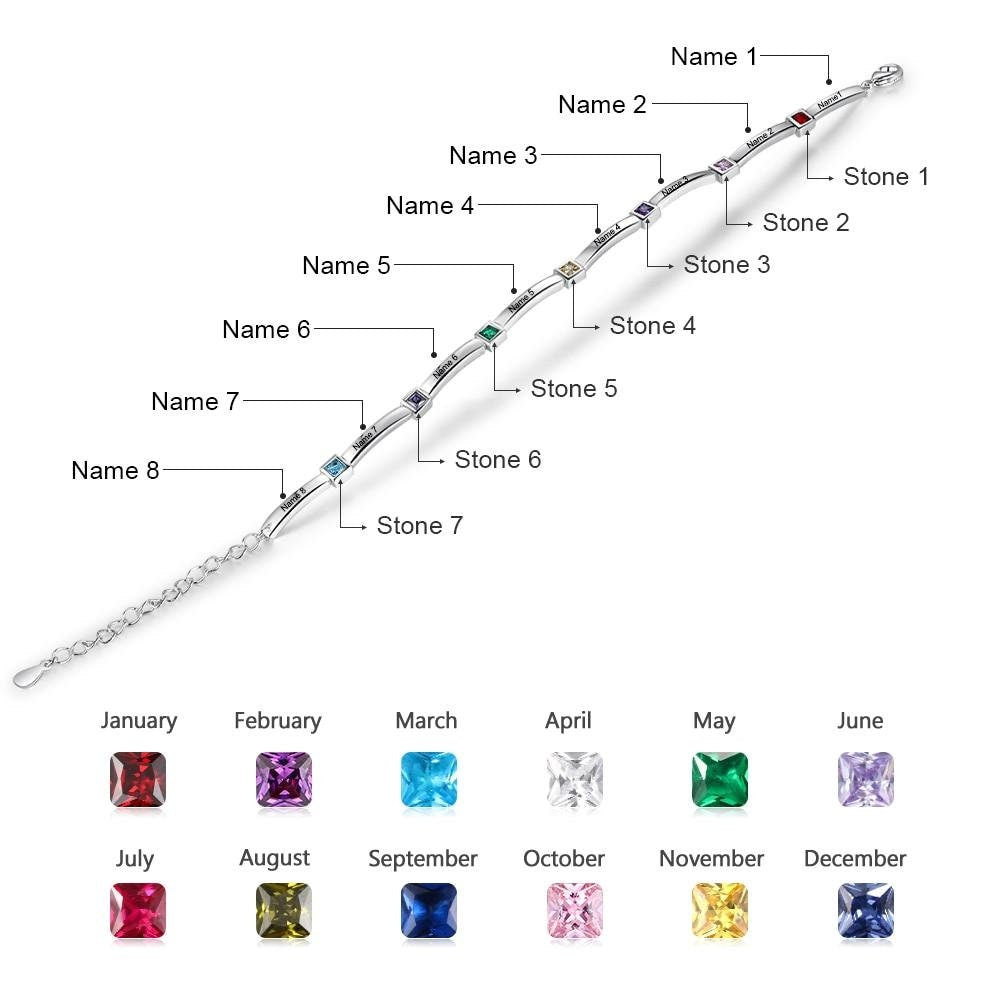 Personalized Square Birthstone Bracelets & Bangles Customized 8 Names Engraved Bracelets for Mother Xmas Gifts Customized Bracelets