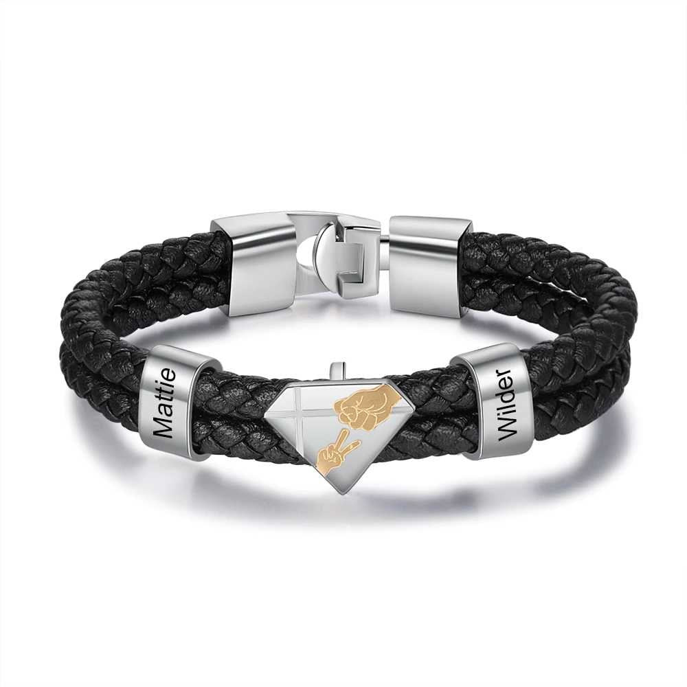 Personalized Engraved Dad Kids Name Bracelet Black Braided Leather for Men Fathers Day Gifts Customized Bracelets