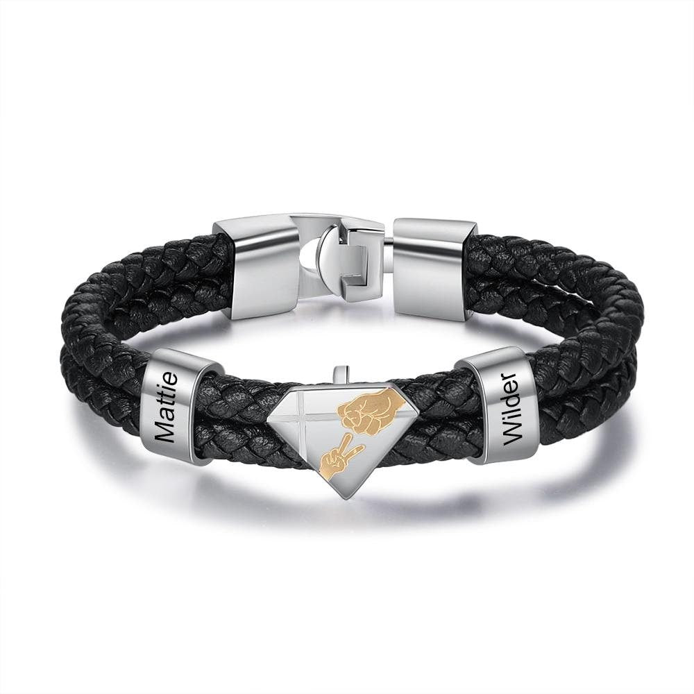 Personalized Engraved Dad Kids Name Bracelet Black Braided Leather for Men Fathers Day Gifts Customized Bracelets