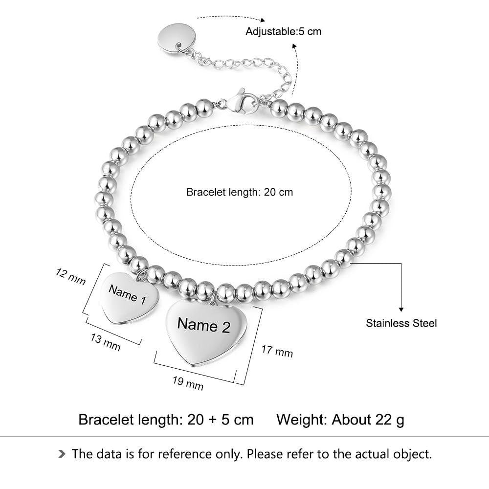 Personalized Name Engraved Heart Charms Bracelets Stainless Steel Beads Chain Bracelets for Women Mother Daughter Gifts Customized Bracelets