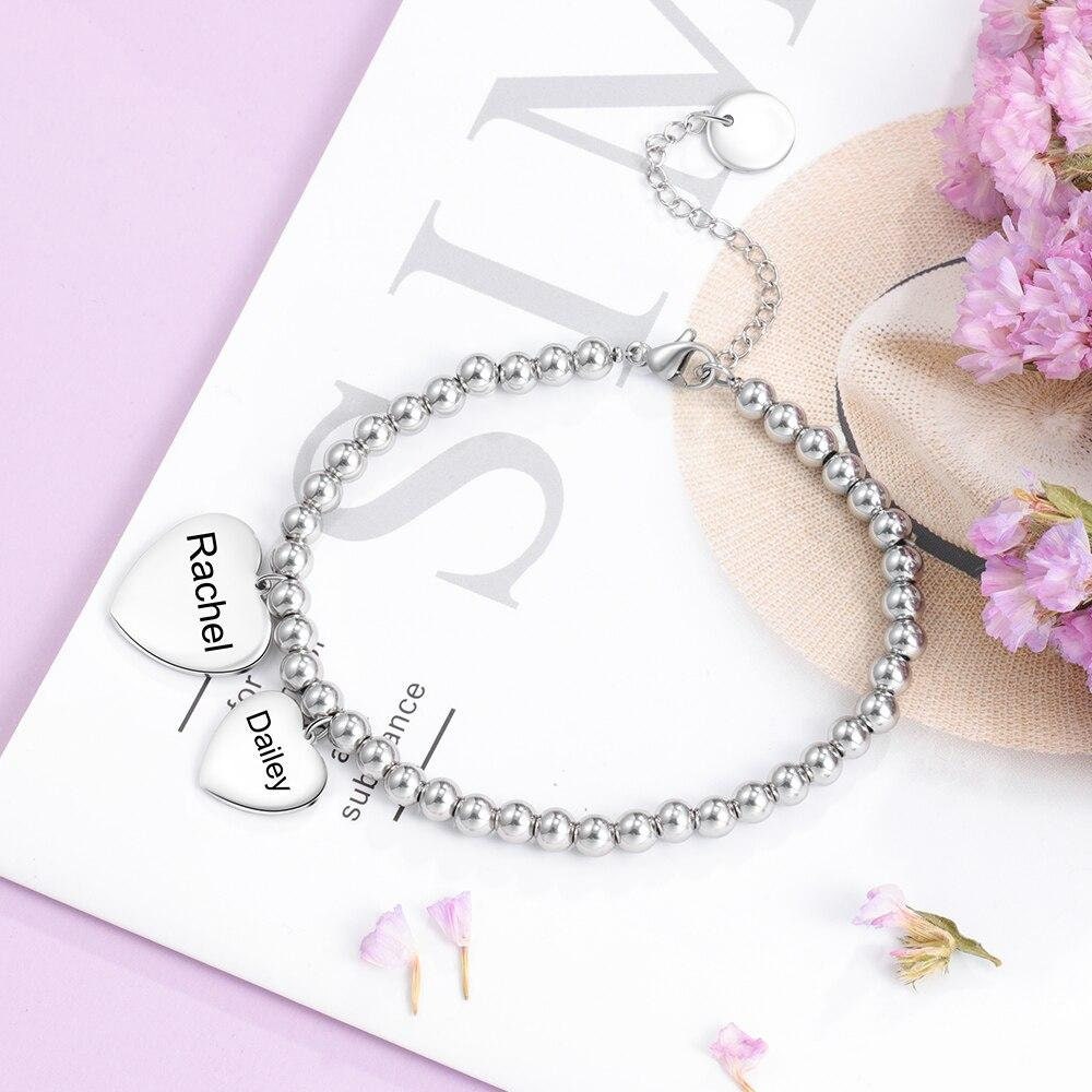Personalized Name Engraved Heart Charms Bracelets Stainless Steel Beads Chain Bracelets for Women Mother Daughter Gifts Customized Bracelets