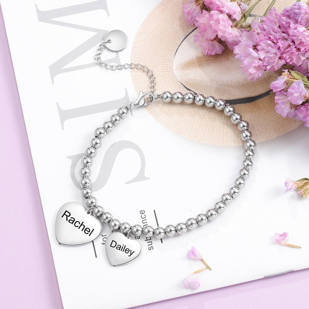 Personalized Name Engraved Heart Charms Bracelets Stainless Steel Beads Chain Bracelets for Women Mother Daughter Gifts Customized Bracelets