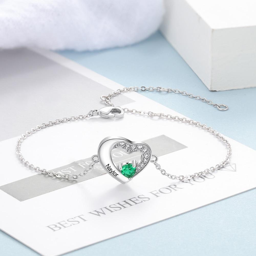 Personalized Sterling Silver Engraved Name Bracelets for Women Lover's Customized Heart Birthstone Chain Bracelet Bracelets & Bangles