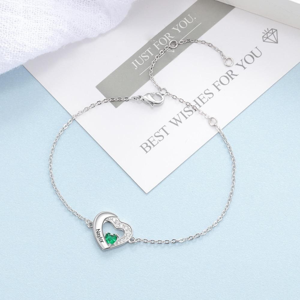 Personalized Sterling Silver Engraved Name Bracelets for Women Lover's Customized Heart Birthstone Chain Bracelet Bracelets & Bangles
