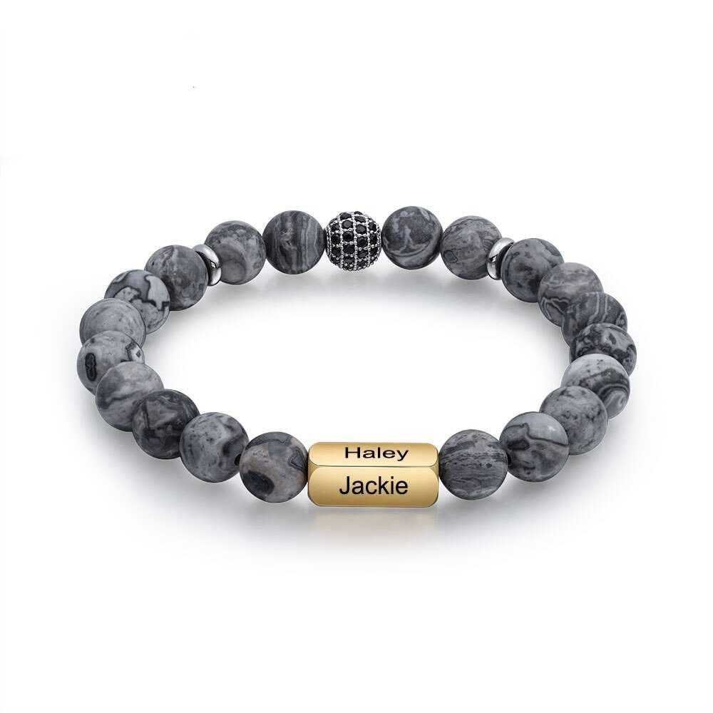 Customize 4 Sides Engraved Bracelets for Men Gold color Personalized Men's Beaded Chain Bracelet Gifts for Father Customized Bracelets