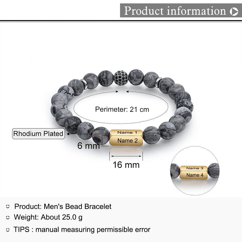 Customize 4 Sides Engraved Bracelets for Men Gold color Personalized Men's Beaded Chain Bracelet Gifts for Father Customized Bracelets