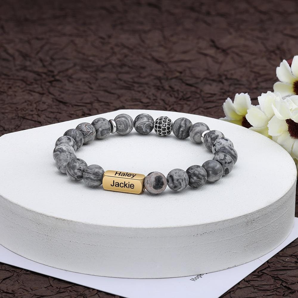 Customize 4 Sides Engraved Bracelets for Men Gold color Personalized Men's Beaded Chain Bracelet Gifts for Father Customized Bracelets