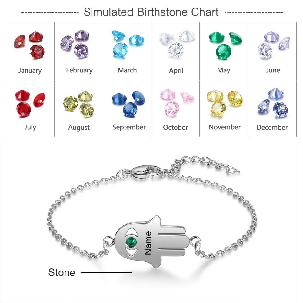 Personalized Good Luck Hand Bracelet with Birthstone Custom Engraving Name Stainless Steel Bracelets for Women Customized Bracelets