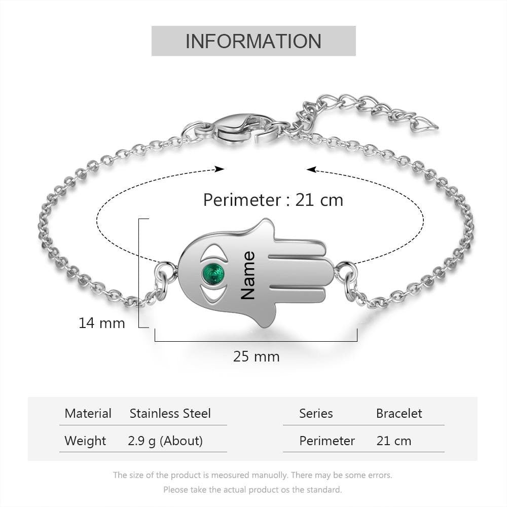 Personalized Good Luck Hand Bracelet with Birthstone Custom Engraving Name Stainless Steel Bracelets for Women Customized Bracelets