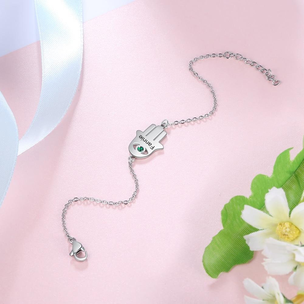 Personalized Good Luck Hand Bracelet with Birthstone Custom Engraving Name Stainless Steel Bracelets for Women Customized Bracelets