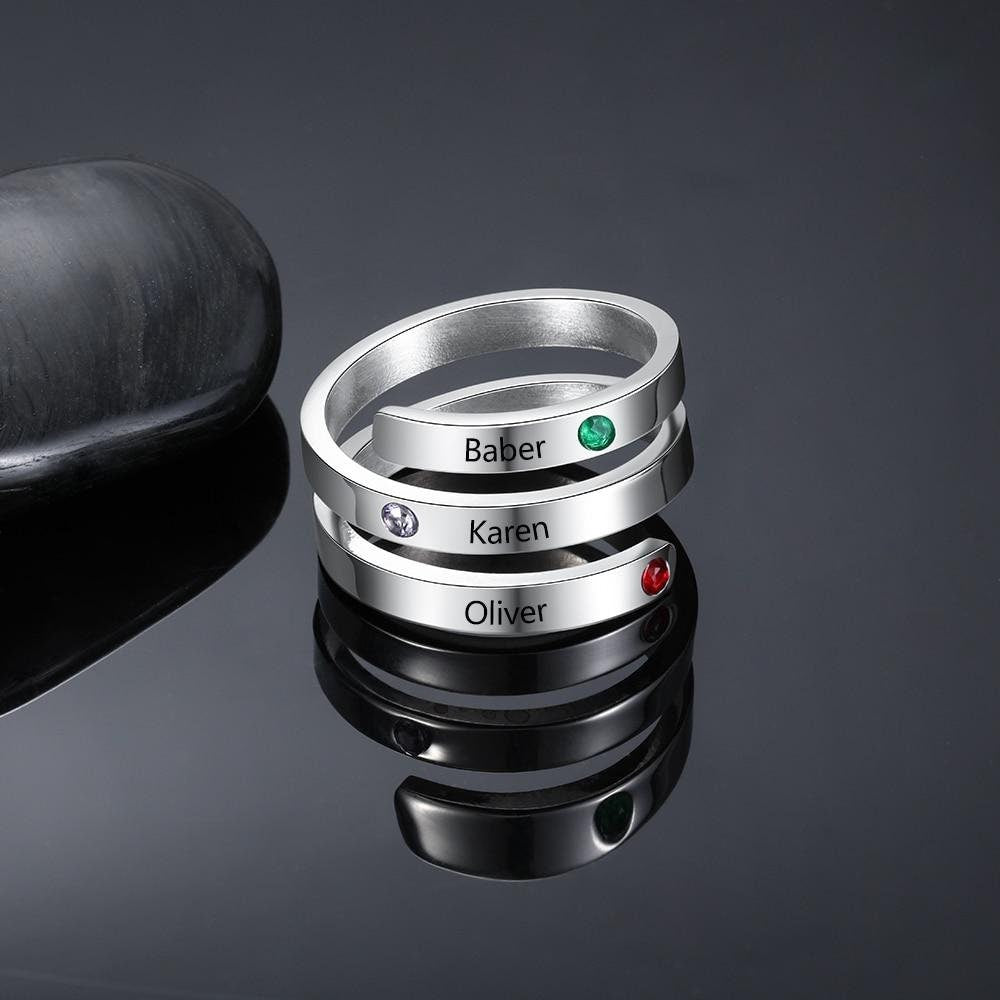 Personalized Family Gift Customized Mother Ring with 3 Birthstones Engraved Name Ring Female Fashion Jewelry Customized Rings