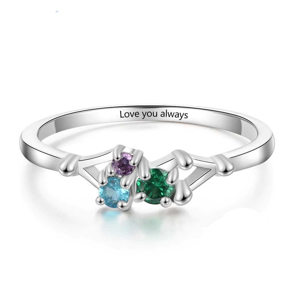 Personalized Rings with 3 Birthstones Custom Name Mother Rings for Women Sterling Silver Engraved Jewelry Gift Rings