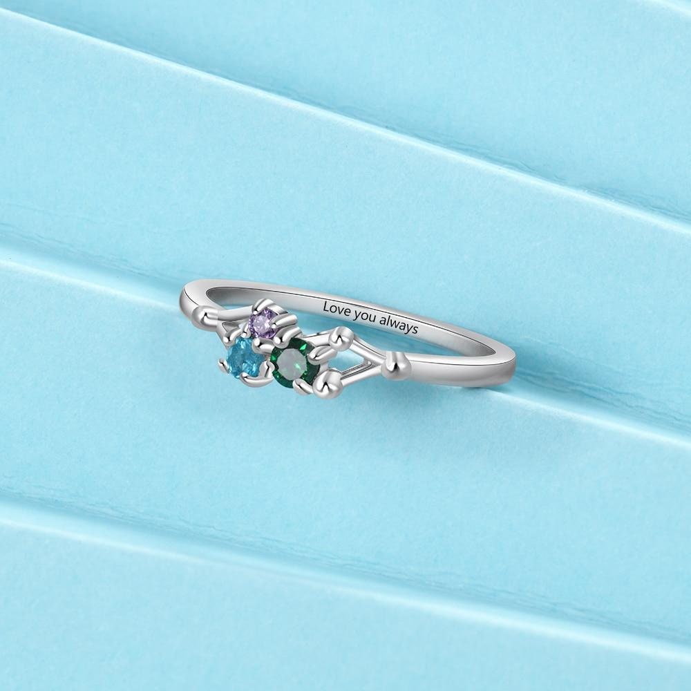 Personalized Rings with 3 Birthstones Custom Name Mother Rings for Women Sterling Silver Engraved Jewelry Gift Rings