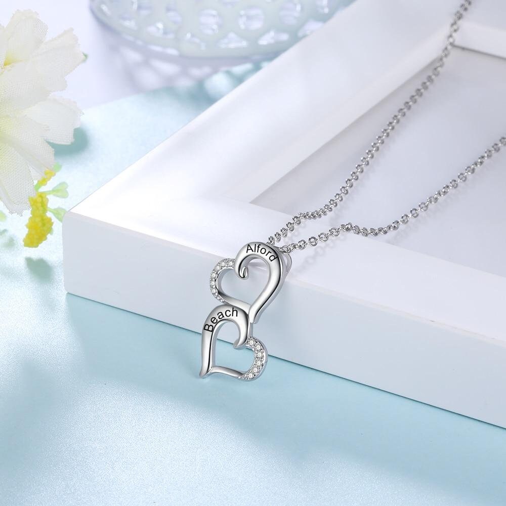 Personalized Name Necklace Engraved Pendant Necklace Customized Sterling Silver Double Heart Couples Necklaces Fine Jewelry Necklaces