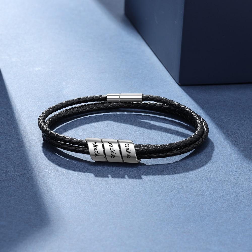Personalized 3 Name Beads Engraved Bracelets for Men Vintage Customized Black Leather Bracelets & Bangles Fathers Gift Customized Bracelets