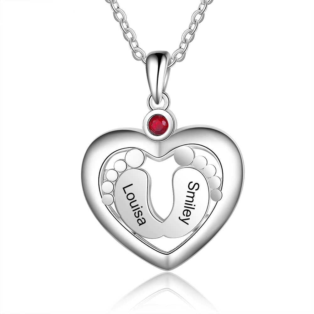 Personalized Baby Feet Heart Necklace Customized Birthstone Engraved Name Charm Jewelry Memory Gift for Women Customized Necklaces
