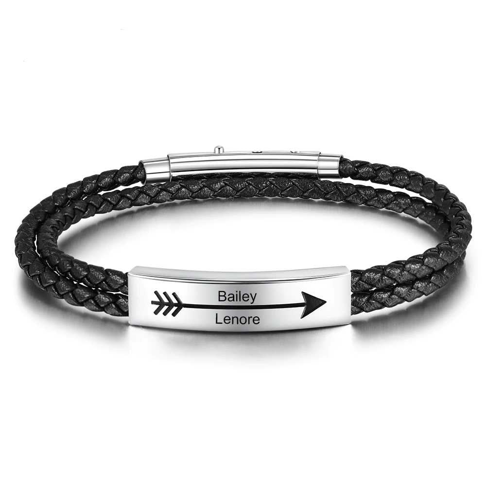 Personalized Stainless Steel Name Bar Bracelets for Men Custom 2 Names Arrow Engraved Black Leather Bracelet Men Jewelry Customized