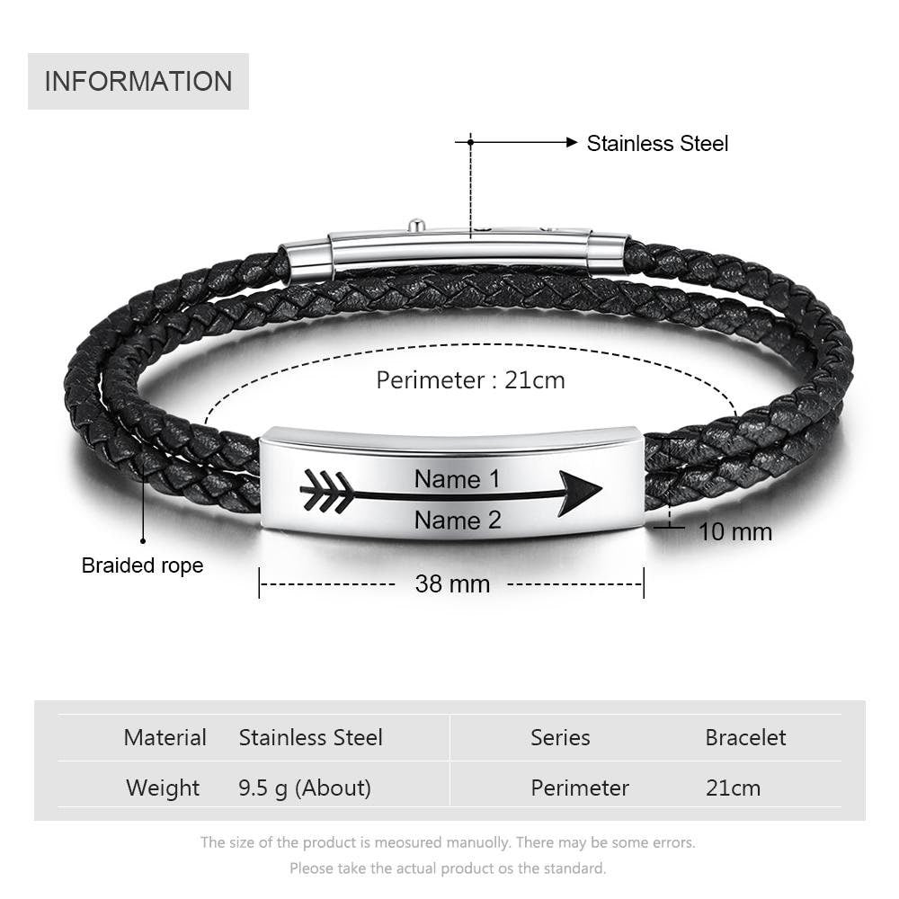 Personalized Stainless Steel Name Bar Bracelets for Men Custom 2 Names Arrow Engraved Black Leather Bracelet Men Jewelry Customized