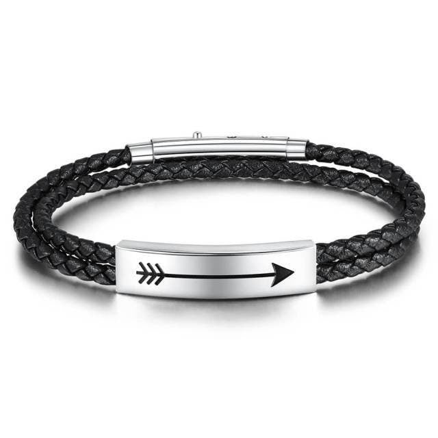 Personalized Stainless Steel Name Bar Bracelets for Men Custom 2 Names Arrow Engraved Black Leather Bracelet Men Jewelry Customized